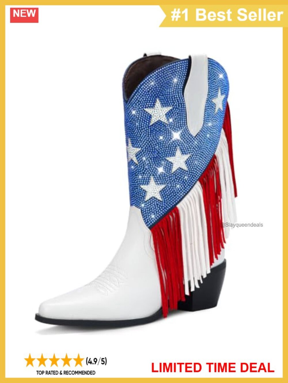 Rhinestone Fringe Cowboy Boots Faux Leather Pointed Toe Chunky Heel